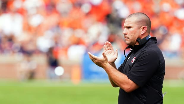 Oct 28, 2023; Auburn, Alabama, USA; Mississippi State Bulldogs head coach Zach Arnett cheers on his players against the Auburn Tigers during the first quarter at Jordan-Hare Stadium.